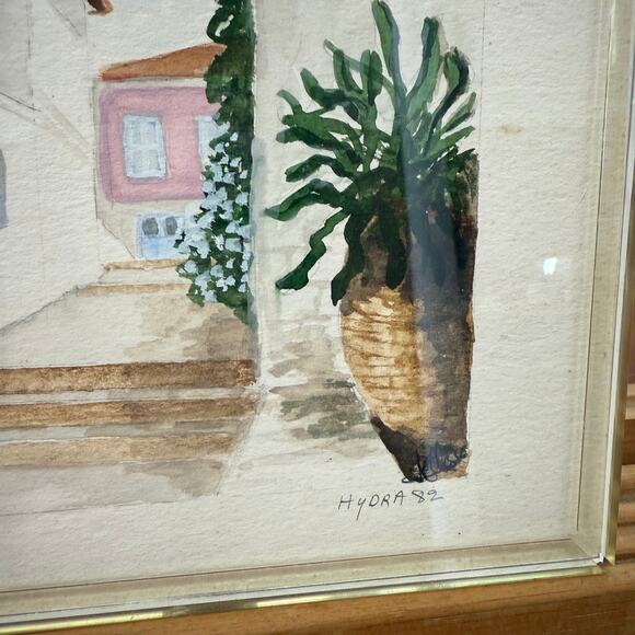 Vintage Greek Watercolor Painting – “Hydra 82” in Acrylic Frame - Picture 3 of 5